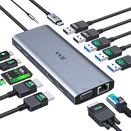 USB C Docking Station Dual Monitor HDMI for Dell HP Lenovo Laptop,14 in 1 Docking Station to 2 HDMI Port 4K+VGA USB Type C Hub Multiport Adapter Dongle Dock,USB C to Ethernet+5 USB+SD/TF+100W PD+Audio by VVB