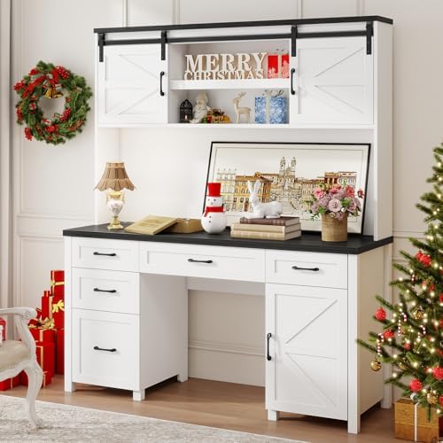 Vabches Farmhouse 67" H Executive Desk with Hutch & 5 Drawers,Black - Image 7