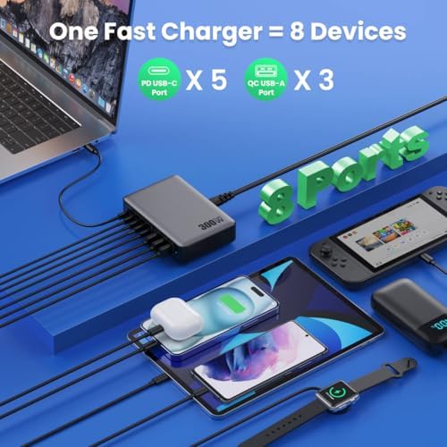 USB C Charger 300W USB C Charger Block,Upgraded GaN IV 8-Port Fast Charging Station Hub,PD 100W Laptop Charging Adapter Compatible with MacBook Pro/Air,DELL,Steam Deck,iPhone 16/15/14,Galaxy S23/22 - Image 5