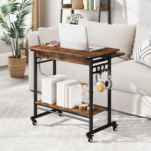 Tangkula Rolling Computer Desk Cart with Keyboard Tray, Mobile Portable Laptop PC Desk with CPU Stand & 3 Hooks for Sofa & Bed, Industrial Small Desk on Wheels for Small Spaces, Home Office Desk - Image 4