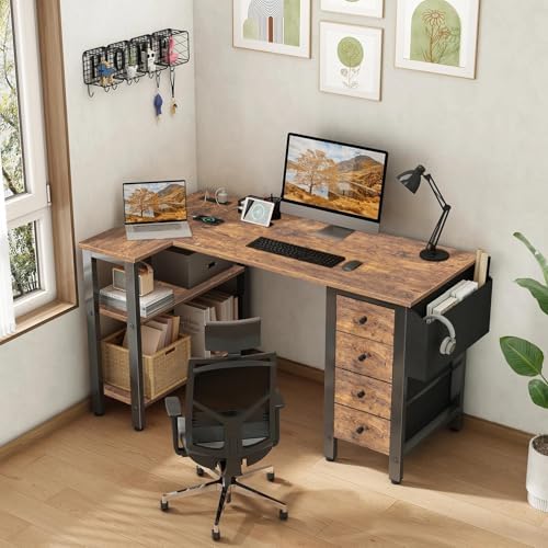 Lufeiya L Shaped Desk with Drawers & Storage Shelves, 47 Inch Small Reversible Corner Desk with Power Outlet for Home Office Bedroom, L-Shaped Gaming PC Computer Desks with Fabric Drawer, Rustic Brown - Image 2