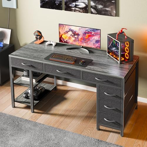 Huuger Computer Desk with 6 Drawers, Office Desk with Shelves, Reversible Gaming Desk, Corner Desk with Storage, Work for Home Office, Study, Living Room, 47inch, Grey - Image 2