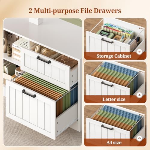 UPOSOJA 59" Farmhouse L Shaped Standing Desk with File Drawers, Electric Executive Desk Adjustable Height with Power Outlets, Storage Shelves, Sit Stand Corner Computer Desk for Home Office, White - Image 6