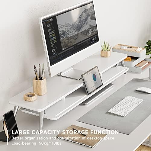 Fenge Dual Monitor Stand Riser, Wooden Desk Shelf with 2-Tier Storage - Image 3