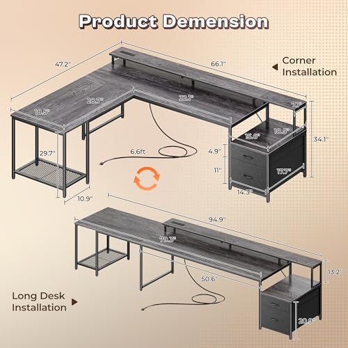 PRAISUN 66" L Shaped Gaming Desk with LED Lights & Power Outlets - Image 2