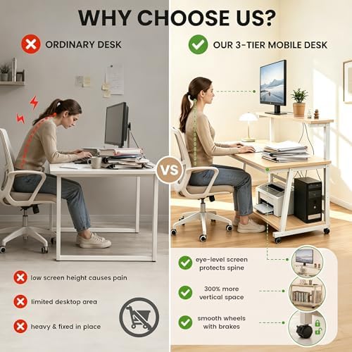 47.2 Inch Compact Rolling Computer Desk with Tier Worktable & Lockable Wheels, Small Computer Desk, Small Desk for Bedroom, Mobile Writing Workstation Easy Assembly for Home Office Small Spaces - Image 5