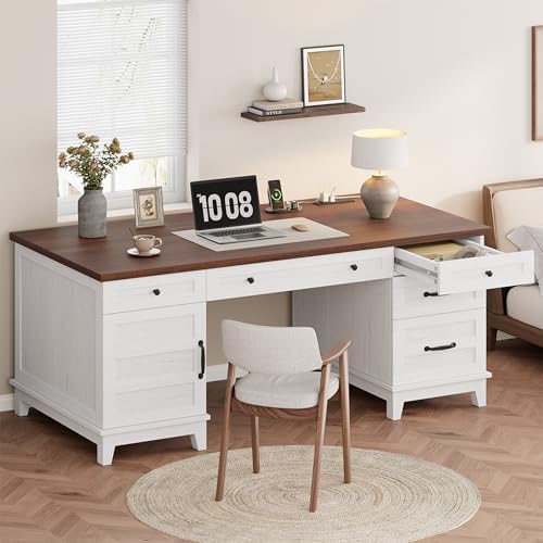 Garvee 60" Wooden Home Office Desk with File Drawers, Executive Desk with Adjustable Cabinet, Farmhouse Wood Desk with Power Outlet, Distressed Study and Work Table, Rustic White by Garvee