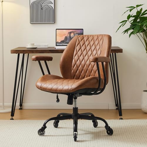 YFO Home Office Desk Chair Office Rubber Casters Ergonomic Computer Chair with Lumbar Support Adjustable Height Rolling Swivel Executive Task Armrests Chair， Brown Leather by YFO