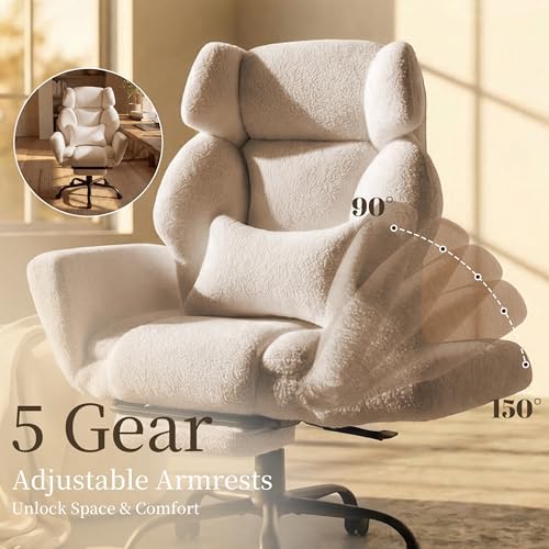 Office Chair with Flip Armrests,Big and Tall Office Chair with Foot Rest,Extra Wide Seat & Lumbar Pillow,Ergonomic Computer Gaming Chair,Comfy Criss Cross Chair for Pets Sitting,Teddy Fleece,Beige - Image 4