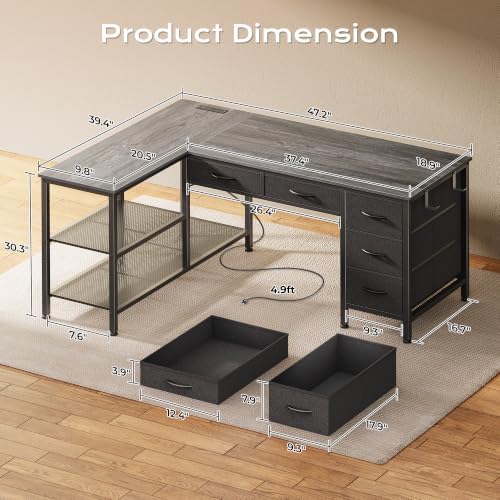 PRAISUN 47 Inch L Shaped Desk with Power Outlets, 5 Fabric Drawers - Image 3
