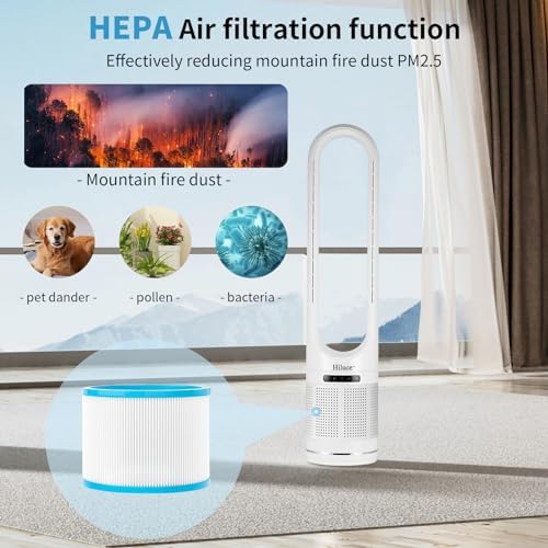 Hiluce 3-in-1 Bladeless Fan with Air Purifier,Powerful Fan and Heater Combo HEPA Filter 99.97%,Quiet Tower Fans with Remote,Tip-Over Switch,80°Oscillating, 8 Speeds, 9H Timer for Bedroom, Office - Image 3