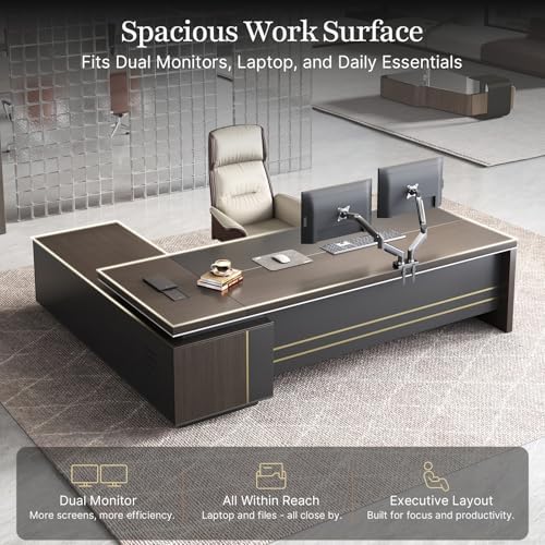 94" L-Shaped Executive Desk with Reversible Return, Large Office Desk for CEO and Manager Office, Power Hub with USB-C HDMI RJ45, 3-Digit Lock Drawer, Storage Shelves and Privacy Panel, Gray Walnut - Image 3