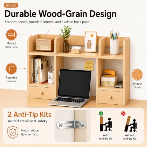 Desk Hutch with 2 Drawers, Desktop Organizer Shelf for College Dorm - Image 5