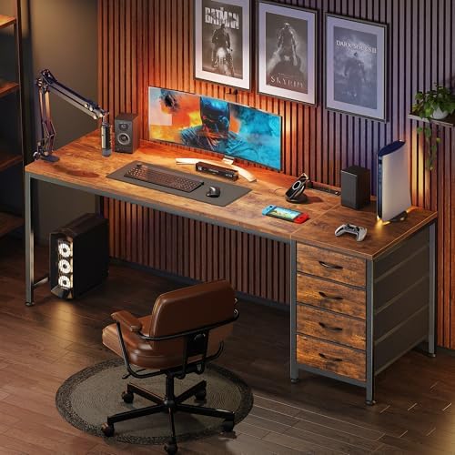 PRAISUN 63 Inch Computer Office Desk with Power Outelts and USB-C Port, Reversible Gaming Desk with 4 Fabric Drawers, Work Study Desk Work from Home, Rustic Brown - Image 7