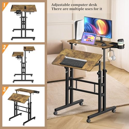 Enayplon Small Standing Desk with Wheels, Mobile Stand Up Desk, Portable Standing Table on Wheels for Walking Pad, Rolling Computer Desk Adjustable Height, Tall Table - Image 3