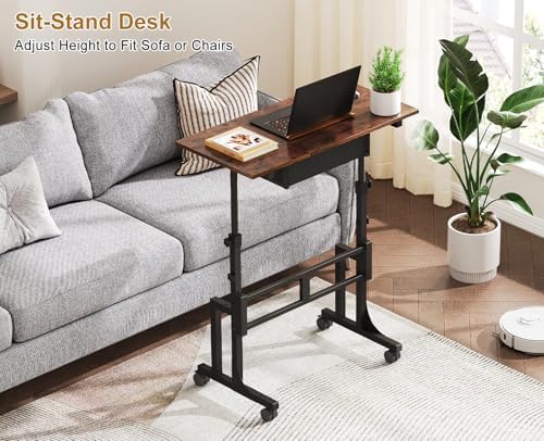 Adjustable Height Standing Desk With Drawer, Rolling Sit Stand Up Desk With Wheels, Small Sit To Stand Computer Desk, Adjustable Desktop Height, On Wheels, Brown, For Walking Pad Laptop Treadmill - Image 6