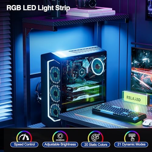 Grandder Gaming Desk 47 Inch with CPU Stand and LED Light, Computer Desk with Reversible Shelves and Storage Drawer, Pc Small Desk for Home Office Table with Bag, Carbon Fiber Black - Image 5