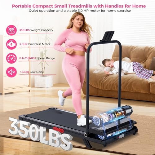 Walking Pad with Incline and Handle Bar, Portable Treadmill for Home Small, Electric Walking Pads Treadmills with Handles, Compact Treadmills with Incline for Small Spaces, 3.0HP, 0.6-7.6MPH, 350LBS - Image 4