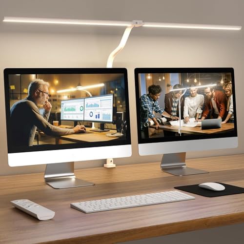 LED Desk Lamp - Bright Dimmable Computer Lamp, 24W Bendable Desk Light for Monitor Screen, Eye-Caring Tall Desktop Light for Task Home Office Work, White, Dual Head by APMIEK