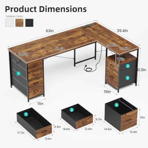 63 Inch L Shaped Office Desk with 6 Drawers & Type-C Port, Rustic Brown - Image 3