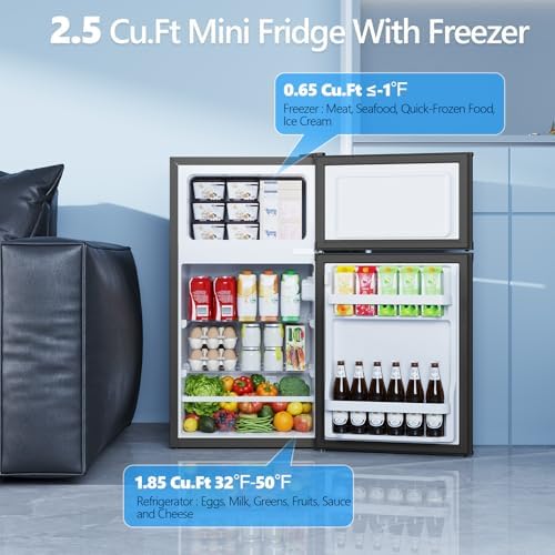 Electactic 2.5 Cu.Ft Mini Fridge with Freezer, Double-Door Compact Refrigerator, Adjustable Glass Shelves, Mechanical Thermostat & Leveling Feet, Space-Saving for Apartment/Dorm/Office, Black - Image 2