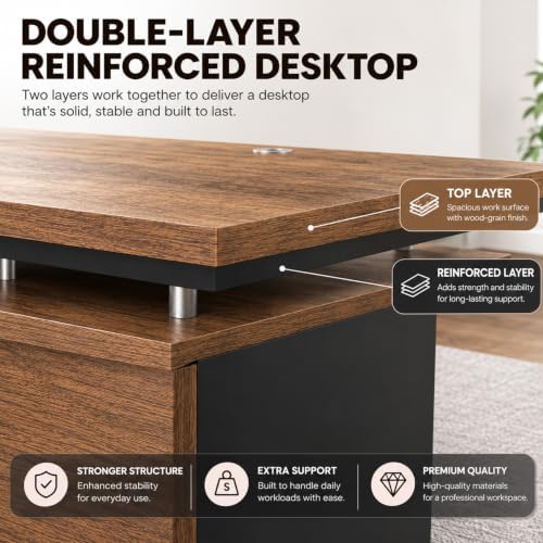 63 Inch L-Shaped Executive Desk, Industrial Modern Wood Office Desk with Locking Drawers, Built-in Cable Management & Power Outlet, Real Wood Finish, Reversible Left/Right Return Home Workstation - Image 6