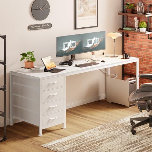 PRAISUN 63 Inch Computer Office Desk with Power Outelts and USB-C Port, Reversible Gaming Desk with 4 Fabric Drawers, Work Study Desk Work from Home, White - Image 2