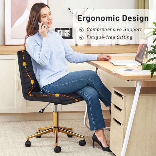 Furniliving Home Office Desk Chair, Armless Desk Chair with Wheels Soft Velvet Adjustable Height, Comfy Computer Rolling Chairs with Gold Metal Base Stool,Black - Image 3
