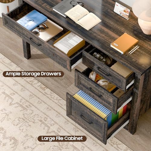 Vabches Farmhouse Executive Desk with Storage and Ample File Drawer, Rustic Large Home Writing Desk for Bedroom, Dark Oak - Image 6