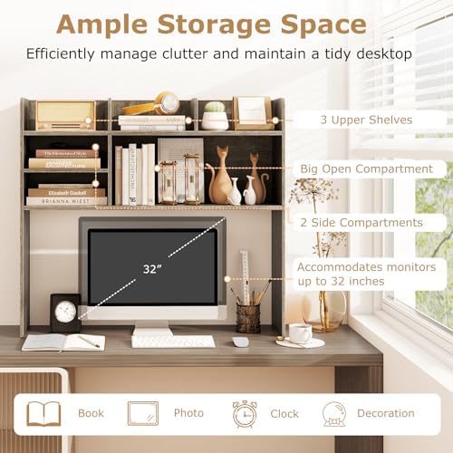 BECOMFORT Desk Hutch, Desk Organizer Shelf w/ 6 Storage Compartments, up to 32” Monitor, Wooden Display Rack, Desktop Bookshelf for Vanity Dressing Tabletop College Dorm Home & Office - Image 5