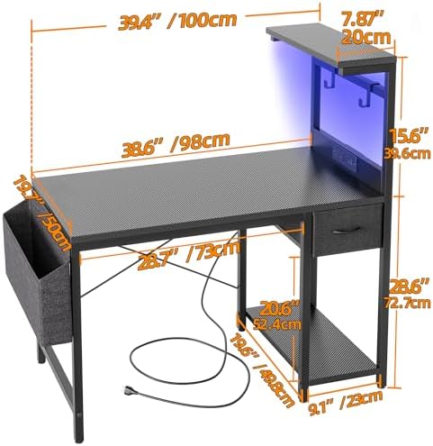 TIQLAB Gaming Desk 40 inch with Power Outlet and LED Light, Computer Desk with Reversible Shelves and Storage Drawer, Small PC Desk for Home Office Table with Bag, Carbon Fiber Black - Image 3
