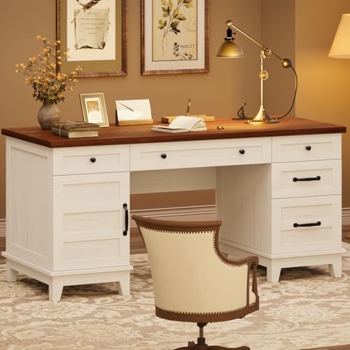 GarveeHome Executive Desk with File Drawers, Farmhouse Home Office Desk with Charging Station, 60 in Wooden Computer Desk with Cabinet Storage for Work Study Writing, White Walunt - Image 4