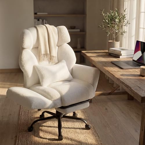 Office Chair with Flip Armrests,Big and Tall Office Chair with Foot Rest,Extra Wide Seat & Lumbar Pillow,Ergonomic Computer Gaming Chair,Comfy Criss Cross Chair for Pets Sitting,Teddy Fleece,White by SOFAYONN