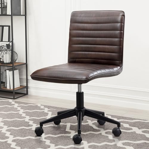 Furniliving PU Leather Office Desk Chair, Armless Vanity Chair with Wheels 360° Swivel Mid Back Height Adjustable, Computer Rolling Chairs with Gold Metal Base Stool, Black Brown by FurnilivingFurnitureforHome