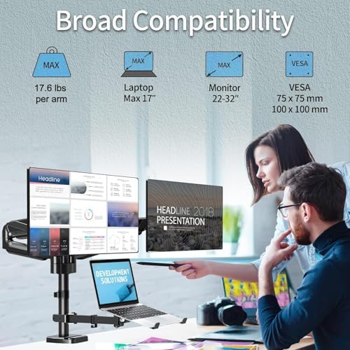 MOUNTUP Dual Monitor and Laptop Mount, Adjustable Monitor Stand for 2 Max 27" Computer Screens, Laptop Tray Fits 10-17inch Notebook, Holds 4.4-17.6lbs Per Arm, 3-in-1 Adjustable Monitor Desk Mount - Image 2