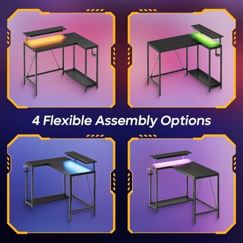 Pinmoco 42" Reversible L-Shaped Desk, Gaming Desk with LED Lights, Monitor Stand, Cup Holder and Headset Hook, Corner Work Station for Home Office, Study and Small Spaces, Carbon Fiber Black - Image 4