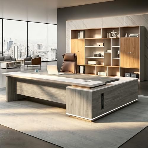 L Shaped Executive Desk with Drawers, Large Office Desk with Storage Cabinet, Wood L Shape Desk for Home Office or Business Workspace, Left or Right Cabinet Option, Multiple Sizes & Colors by Unknown