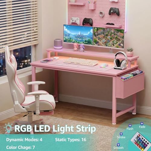 Lufeiya Small Girls Desk with Power Outlets and LED Lights, 32 Inch Gaming Desk Table with Charging Station, Home Office Computer Desks with Monitor, Pink - Image 4