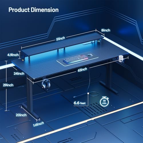 HLDIRECT 63 Inch Gaming Desk with LED Lights & Cable Management, Black - Image 3