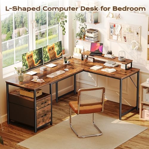 PRAISUN 55 Inch L Shaped Desk with Power Outlets and USB-C Port, Computer Corner Home Office Desk with File Fabric Drawers and Movable Monitor Stand, Larger Storage for Gaming, Study, Rustic Brown - Image 3
