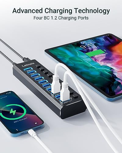Powered USB Hub 3.0, Leinsis 10-Port USB 3.0 Hub [Durable Aluminum] 10 Data Transfer Ports+ 4 Smart Charging Ports with Individual On/Off Switches, USB Hub 3.0 Powered with Power Adapter for Laptop PC - Image 5