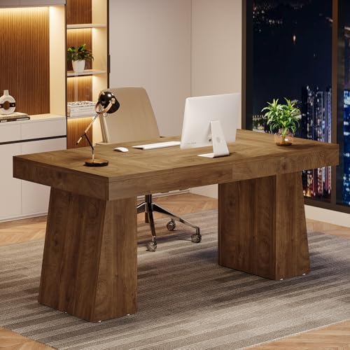 Tribesigns 55 Inches Executive Desk, Mid-Century Modern Home Office Desk, Wood MDF Computer Table Business Workstation Small Conference Table, Light Brown - Image 4