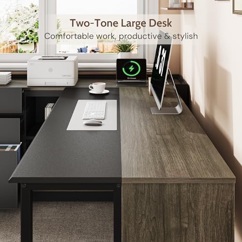 70" Executive Desk with Cabinet Storage, L-Shaped Office Desk with 3 Drawers and Shelves, Large Computer Desk Business Furniture for Home Office (Gray & Black) - Image 4