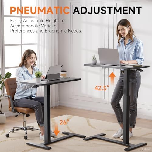 GTPLAYER Small Standing Desk with Hidden Wheels, Pneumatic Mobile Rolling Laptop Desk, Adjustable Height Overbed Bedside Table Computer Workstation for Home Office (32" W x 16" D, Pure Black) - Image 4