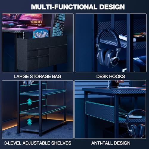 Acrolix L Shaped Gaming Desk 55 Inch - Computer Corner Desk with Power Outlets, Reversible Shelves & Storage Bag for Home Office, PC Gaming Table, Black Carbon - Image 6
