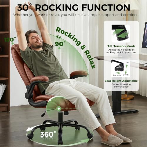 Office Chair, Ergonomic Executive Desk Chair with Lumbar Support for Lower Back Pain Relief, Padded Flip-Up Armrests, Leather Home Office Chair, Brown - Image 5