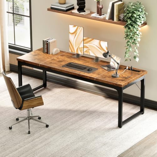 Coleshome 71 Inch Long Computer Desk with Power Outlet, Thicker Desktop & Legs, Large Heavy Duty Office Desk for Home Office & Gaming, Rustic Brown - Image 2