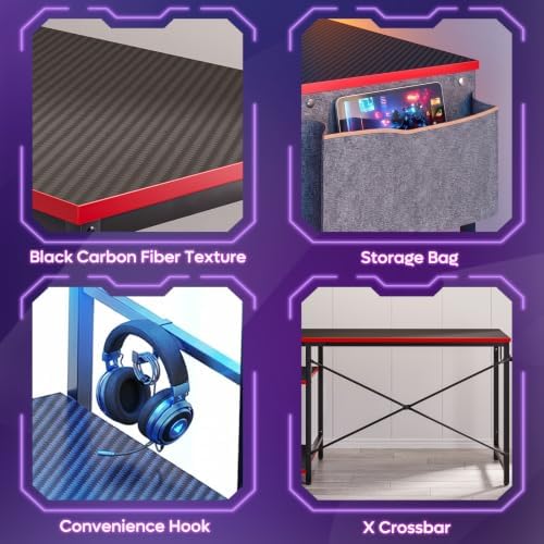 Bestier 44" Gaming Desk with LED & Storage,Gamer Desk, Carbon Fiber Black - Image 4