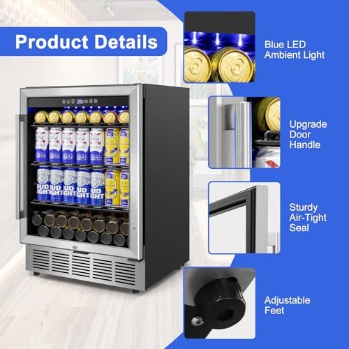 24" 200-Can Beverage Fridge, Under Counter/Freestanding with Glass Door - Image 6