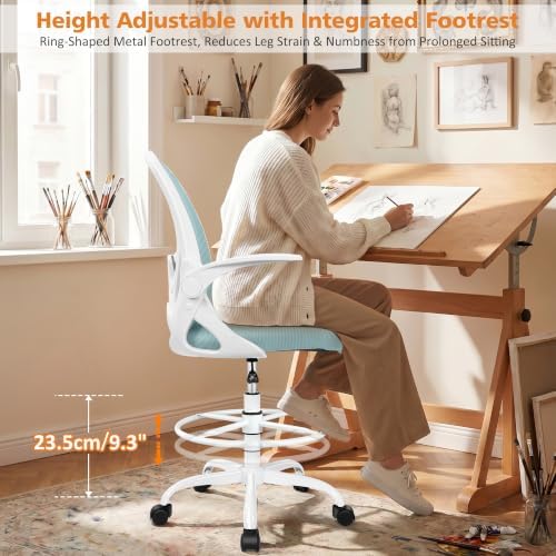 Drafting Chair Tall Office Chair with Flip-up Armrests, Adjustable Height, and Enhanced Lumbar Support - Ergonomic Rolling Stool, Back Support, and Adjustable Foot Rest Ring Light Blue - Image 6